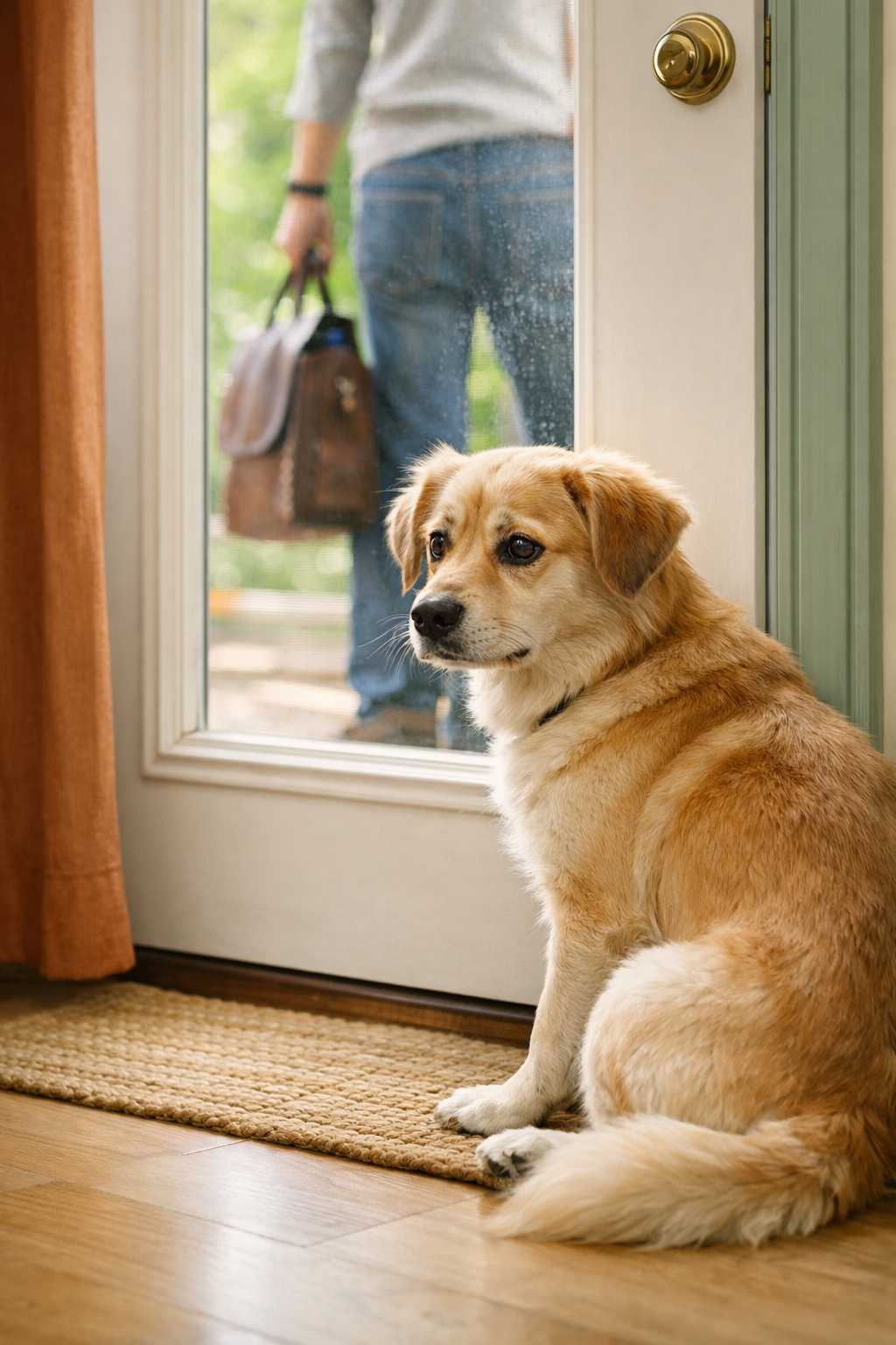 a dog having separation anxiety watches the owner leave with worry at the door