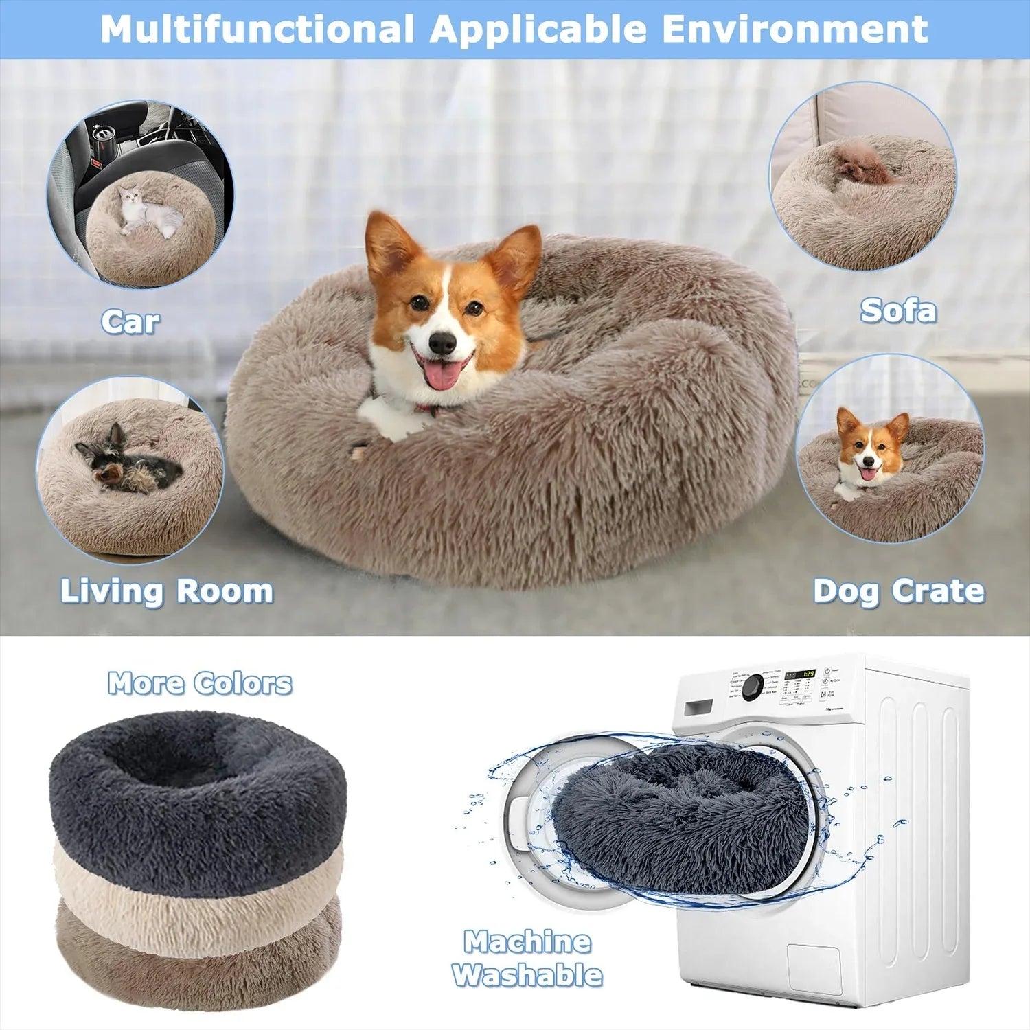 Calming Pet Bed for Dogs & Cats - Anti-Anxiety Donut Bed with Raised Edges for Deep Sleep